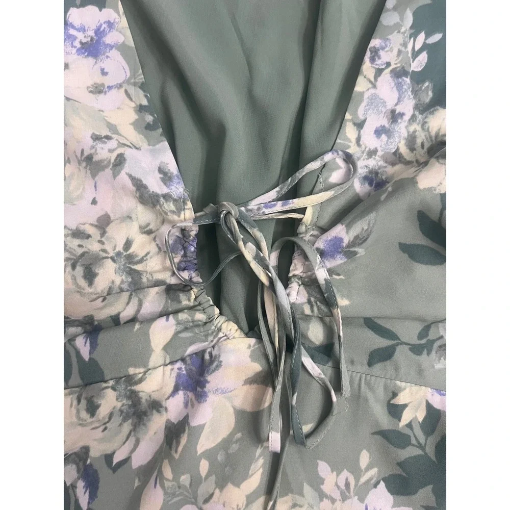 Abercrombie & Fitch Floral Tie Front Puff Sleeve Top Sage Green Small